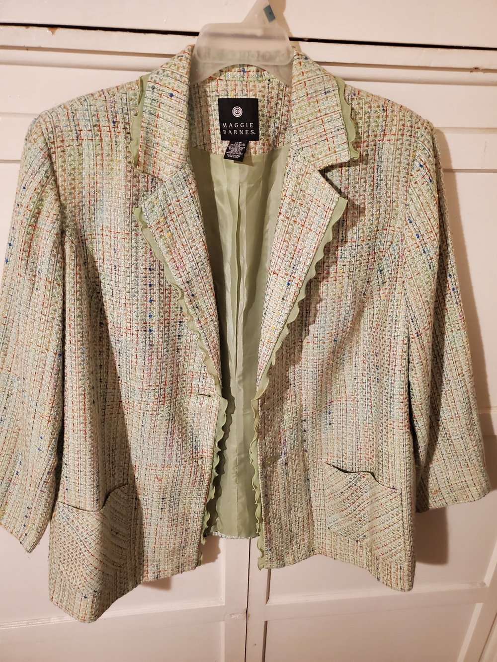 Maggie Barnes Pastel Green Tweed Scalloped-Trim Blazer